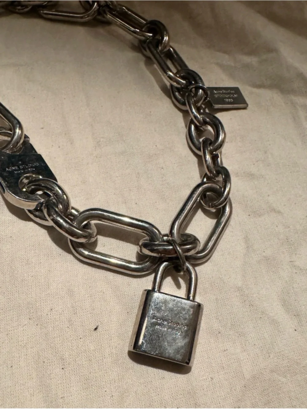 Acne Studio Logo Padlock Chain Necklace Link Charm Vintage Silver